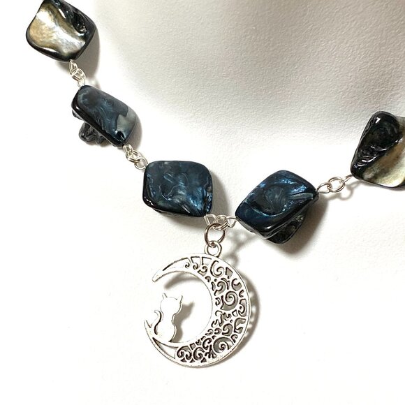 Blue Irregular Mother of Pearl Shell Necklace + Cat on the Moon Pendant - Picture 1 of 13